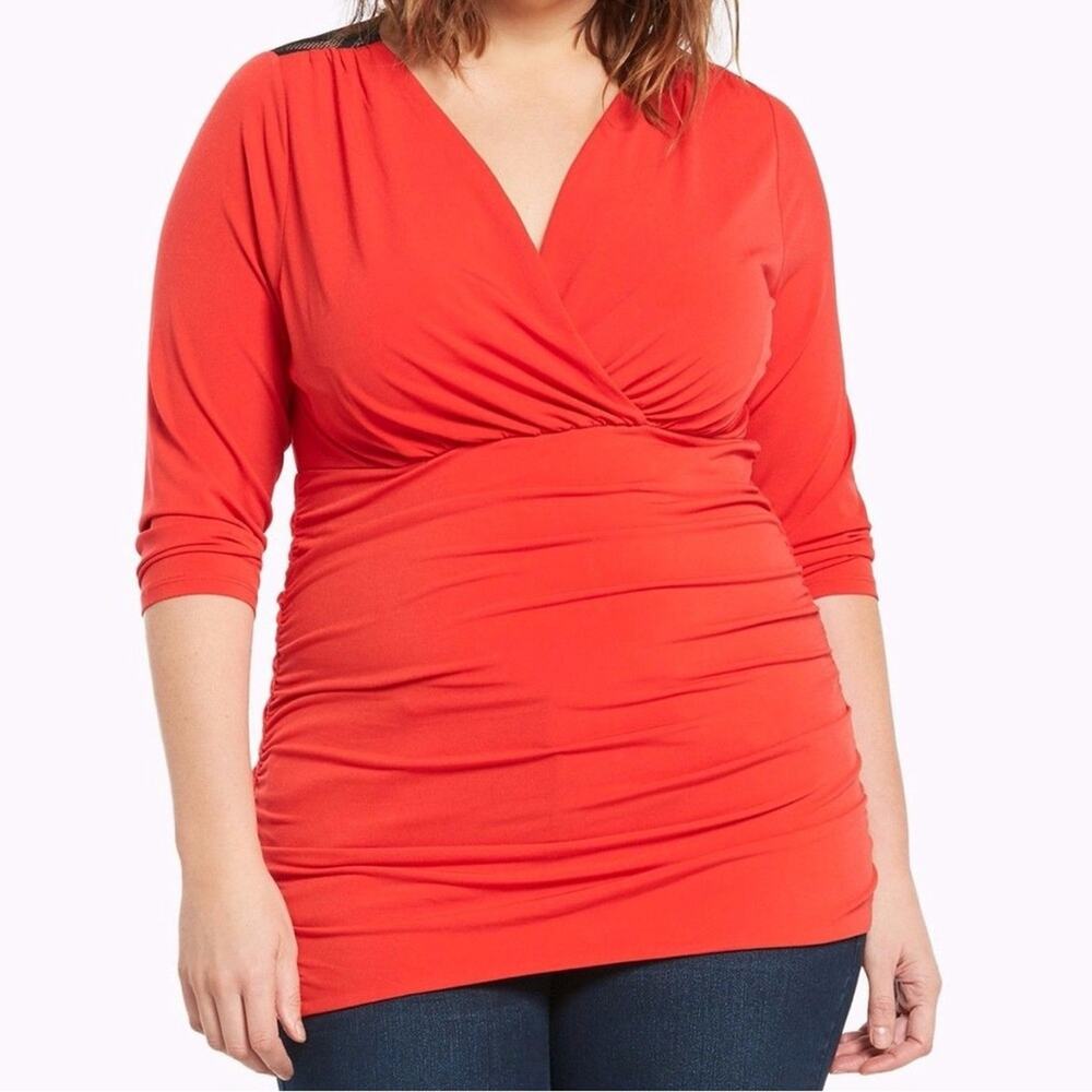 Torrid Red Ruched Faux Wrap Blouse Black Lace Inset Surplice Shirred 1X